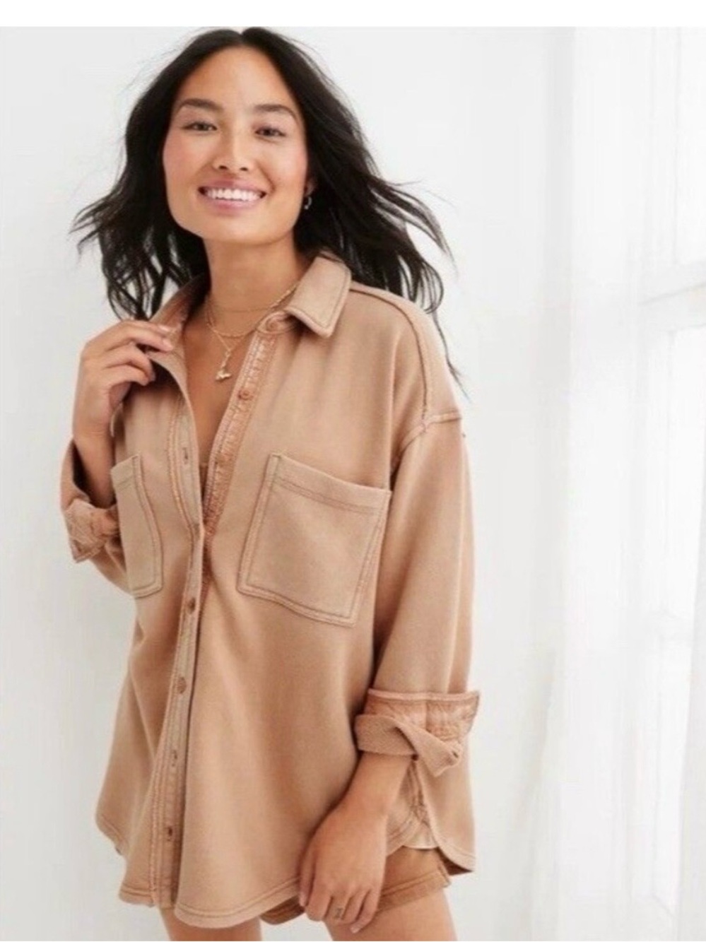 Aerie Oversized Fleece Button Down Sweatshirt/Shacket Sz M Beach Dune
